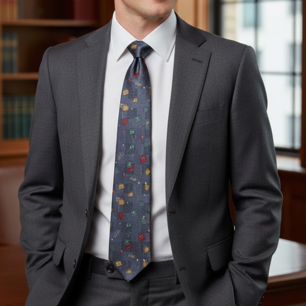 Silk - 100% Silk Tie for bag lovers, dark blue background, Tokyo